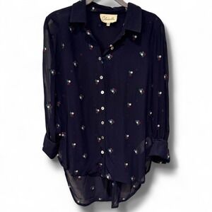 Cleobella Anthropologie Blue Floral Boho Blouse XS Sheer Button Down Cottagecore